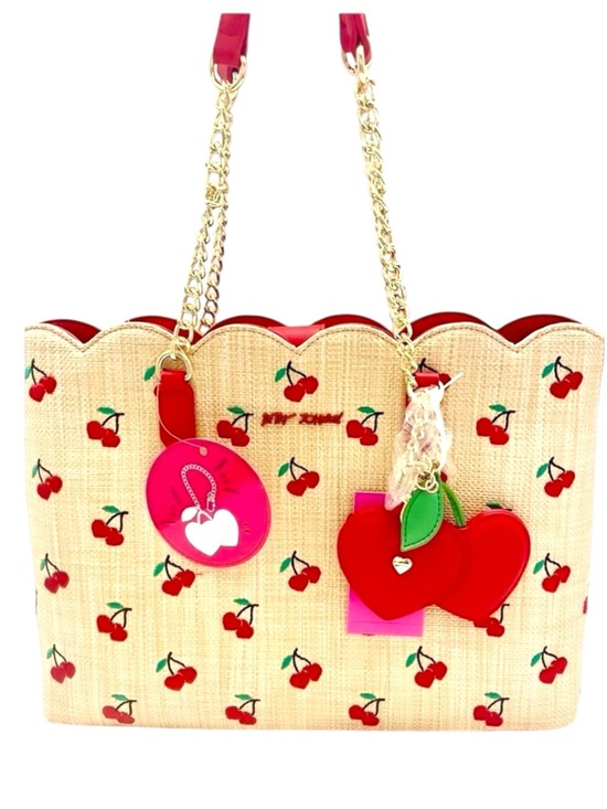 Betsey Johnson Handbags - Betsey Johnson Cherry Tote Bag Scalloped Straw Red Trim Gold Chain